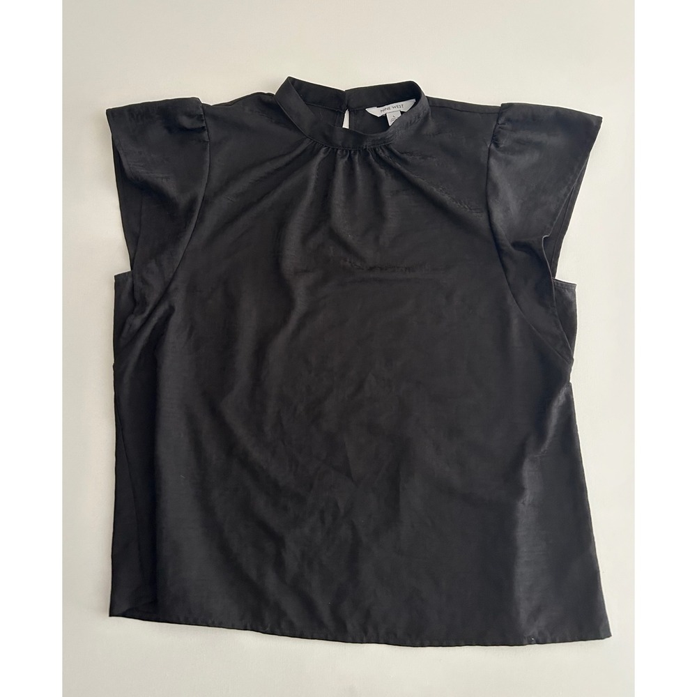 Nine West Satin Mock Neck Blouse Womens Large Black Pleated Top
